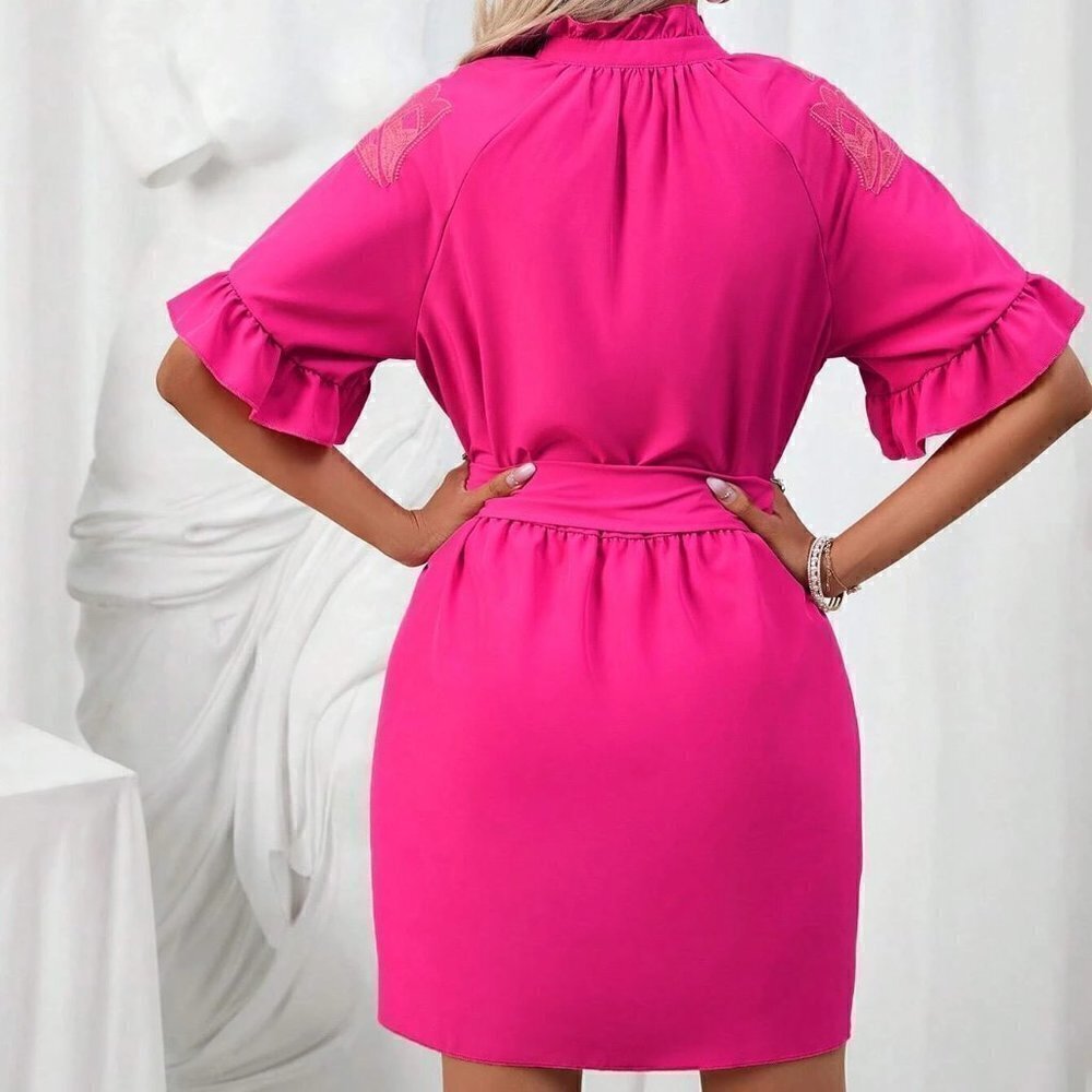 Pink Boho Womens Paisley Embroidery Flounce Sleeve Belted Shirt Dress - Picture 2 of 5